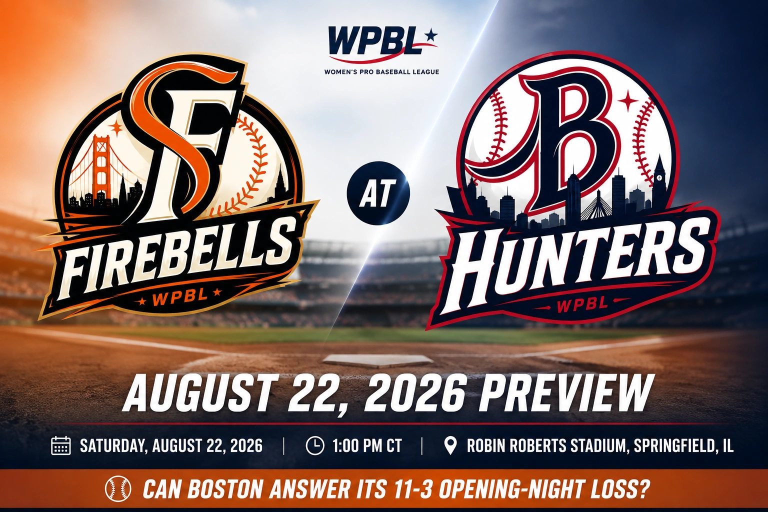 San Francisco Firebells and Boston Hunters logos for their August 22, 2026 WPBL matchup